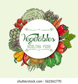 Fresh vegetables in a circle and inscription in the middle