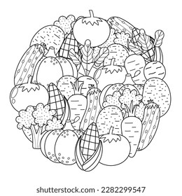 Fresh vegetables circle shape pattern for coloring book. Doodle healthy food mandala coloring page. Black and white print with corn, pumpkin, tomato, broccoli, etc. Vector illustration