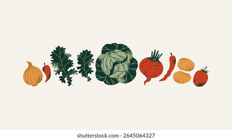 Fresh vegetables collection. Cabbage with kale and beetroot with potatoes. Textured retro style