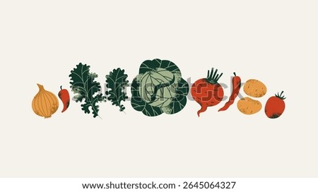 Fresh vegetables collection. Cabbage with kale and beetroot with potatoes. Textured retro style