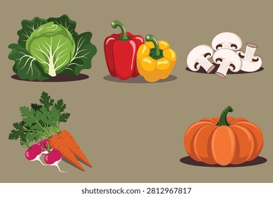 Fresh vegetables collection including cabbage, bell peppers, white mushrooms, carrots, radishes and a pumpkin on a neutral background.