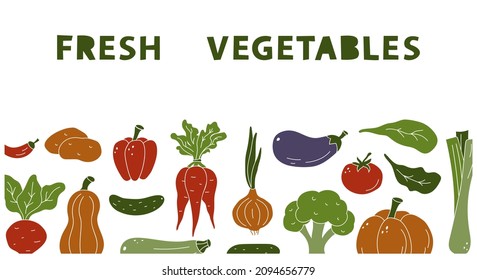 Verduras frescas, plantilla horizontal de color para banner. Dibujar elementos de silueta en la máscara de recorte con un lugar para el texto. Ilustración aislada del vector sobre fondo blanco
