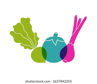 Fresh vegetables color icons. Turnip, tomato, onion. Natural foods symbol. Organic farm company logotype template. Vector illustration.