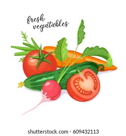 Fresh vegetables composition isolated on white background. Ripe tomato cut in half with cucumber, carrot and radish.