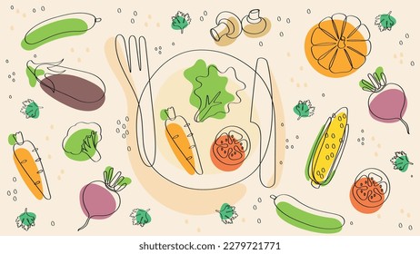 Fresh vegetables in a continuous line, vegetarian cuisine, healthy food, boho style