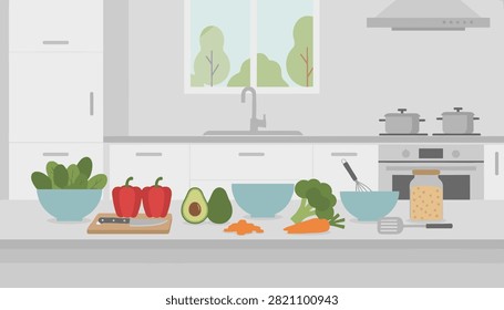 Fresh vegetables and cooking ingredients are laid out on a kitchen counter in front of a stove and sink.