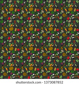 Fresh vegetables and cooking utensils on a green background, a seamless vector pattern of appetizing ingredients, tomato, onion, carrot, beetroot, potatoes, etc. for cooking. Vegetarian Illustration.