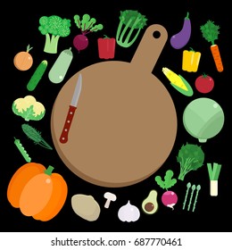 Fresh vegetables and cutting board with kitchen knife vector illustration. Healthy vegetarian food and detox  concept. Flat style design. Colorful graphics