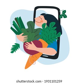 Fresh vegetables delivery concept. Buy online concept. Friendly woman passing carrot and beetroot through phone screen. Vector illustration in trendy flat style