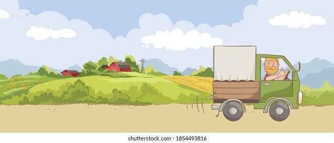Fresh vegetables delivery. Vector illustration, transportation of farm products, rural landscape with traditional american farm.	