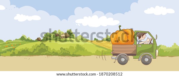 Fresh\
vegetables delivery. Vector illustration, transportation of large\
pumpkins on the background of rural\
fields.	