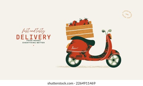 Fresh vegetables delivery. Vintage motorbike with a box of tomatoes. Vector illustration.