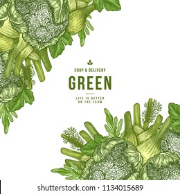 Fresh vegetables design template. Handsketched vintage vegetables frame. Line art illustration. Vector illustration