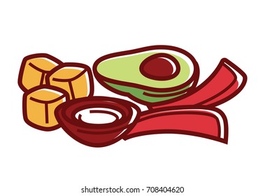 Fresh vegetables with dip in bowl isolated illustration