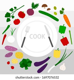 fresh vegetables and dish with fork and knife