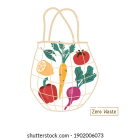 Fresh Vegetables in Eco Friendly Textile Shopper Bag. Sustainable Grocery  Shopping and Lifestyle. Zero Waste and Recycle Concept.  Flat Cartoon Vector Illustration.