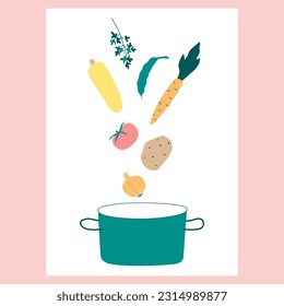 Fresh vegetables fall into the pot. Peas, onion, carrot, corn, parsley, potatoes and tomato. Vector illustration for soup recipe.