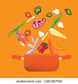 Fresh vegetables falling into a casserole pot.Cooking soup with vegetables. Vegetables fall into the pot