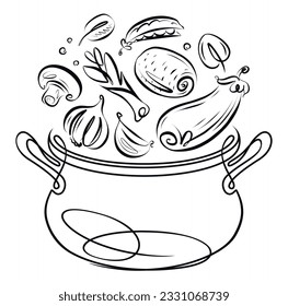 Fresh vegetables falling into kitchen pan. Healthy eating, vegetarian food. Cooking vector illustration