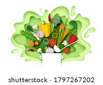 Fresh vegetables falling into the pot. Vector layered paper cut style illustration. Cooking food. Healthy meal. Natural organic food for menu poster banner template.