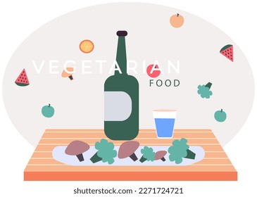 Fresh vegetables falling into table. Cooking food. Healthy meal. Natural organic vegetarian food for menu poster banner template. Delicious vegan salad with broccoli and mushrooms, bottle of wine