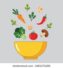 Legumes frescos caindo em uma tigela amarela, criando uma ilustração culinária vibrante e saudável para receitas