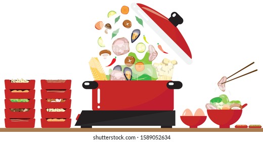 fresh vegetables falling in red boiling hot pot with set of fresh meat and vegetables trays,sukiyaki bowl including vector