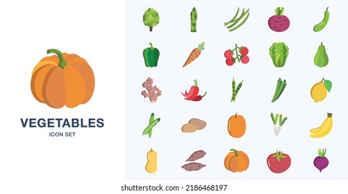 Juego de iconos planos de Verduras frescas