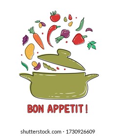 Fresh vegetables flying into a big green pot. Cooking concept for kitchen, restaurant, cafe. Healthy organic food. Soup with vegetables. Vector illustration isolated on white. Vegetarian or diet food