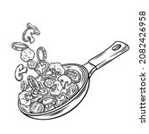Fresh vegetables flying into a pan outline drawn vector illustration. Preparing healthy meal. Slices of carrots, broccoli, mushrooms, onions, tomatoes and peppers falling. Flying vegetables concept.