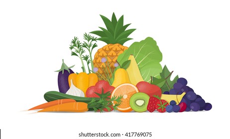 Fresh vegetables and fruit composition on white background, healthy food and nutrition