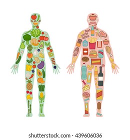 Fresh vegetables and fruit in an healthy fit body and junk unhealthy food in a fat obese body, healthy and unhealthy diet comparison