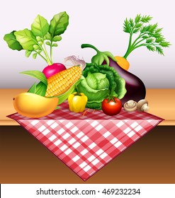Fresh vegetables and fruit on table illustration
