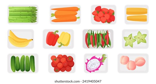 Fresh vegetables and fruit in plastic trays set. Top view of white styrofoam food packagings of rectangle and square shape with ripe fruit and vegetables collection cartoon vector illustration