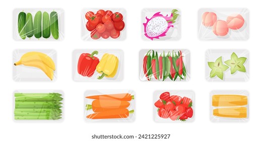 Fresh vegetables and fruit in plastic trays with polythene transparent wrap set. Top view of food packages and containers wrapping with clear polyethylene film for storage cartoon vector illustration