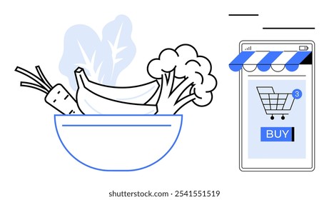 Verduras y frutas frescas en un tazón junto a una pantalla digital del sitio de compras con un Botón de compra. Ideal para compras en línea, comercio electrónico, alimentación saludable, App móviles, tiendas de comestibles digitales. Sencillo