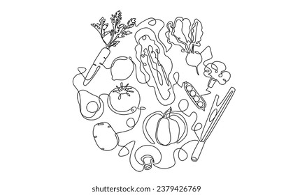 Fresh Vegetables and Fruits in Circle isolated on White Background. Continuous line drawing illustration with healthy Food. Vector poster.