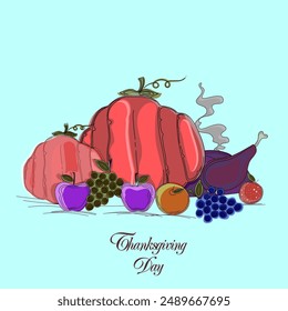Fresh Vegetables, fruits and Cooked Chicken on Celebration of Happy Thanksgiving Day.