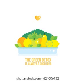 Fresh vegetables fruits and greens plate isolated on white background
