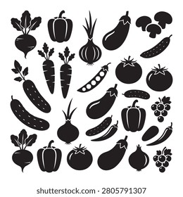 Fresh vegetables and fruits icon set for healthy eating concepts with vegetable