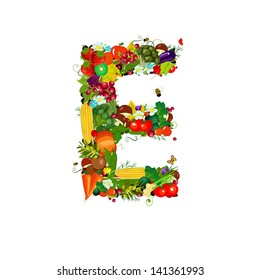 Fresh vegetables and fruits letter E