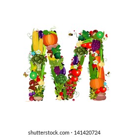 Fresh vegetables and fruits letter M