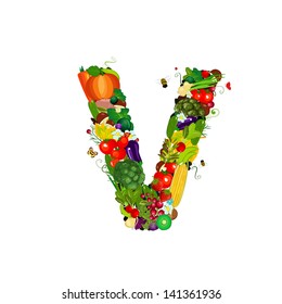 Fresh vegetables and fruits letter V
