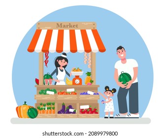 Fresh vegetables and fruits market with the seller. Dad and daughter are buying groceries. Vector illustration in a flat style.