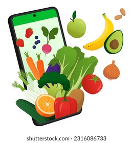 Fresh vegetables and fruits popping out of a smartphone screen, online grocery shopping concept