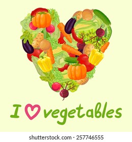 Fresh vegetables from the garden. Carrot, cabbage, green peas, peppers, chili, pumpkin, zucchini, radish, corn, eggplant, tomato, onion, beet, cucumber, potato. The inscription "I love vegetables."