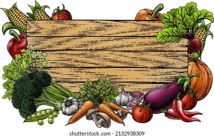 A fresh vegetables garden produce border background sign in a retro vintage engraved woodcut style