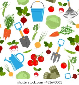 fresh vegetables and garden tools, vegetable garden, harvest, seamless pattern, country garden, bedding plants, vector illustration