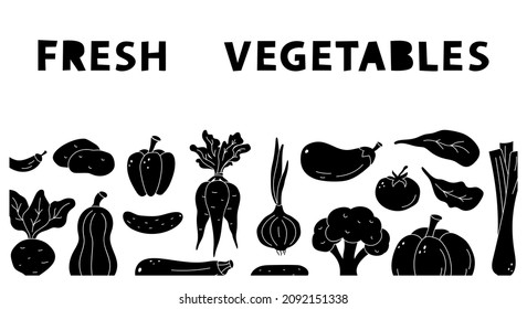 Verduras frescas, pancarta gráfica con letras. Plantilla rectangular horizontal, en blanco. Elementos de silueta negra en máscara de recorte con lugar para texto. Ilustración aislada del vector, fondo blanco