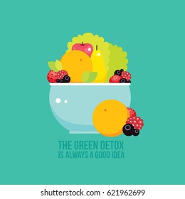 Fresh vegetables greens fruits berries bowl colorful background